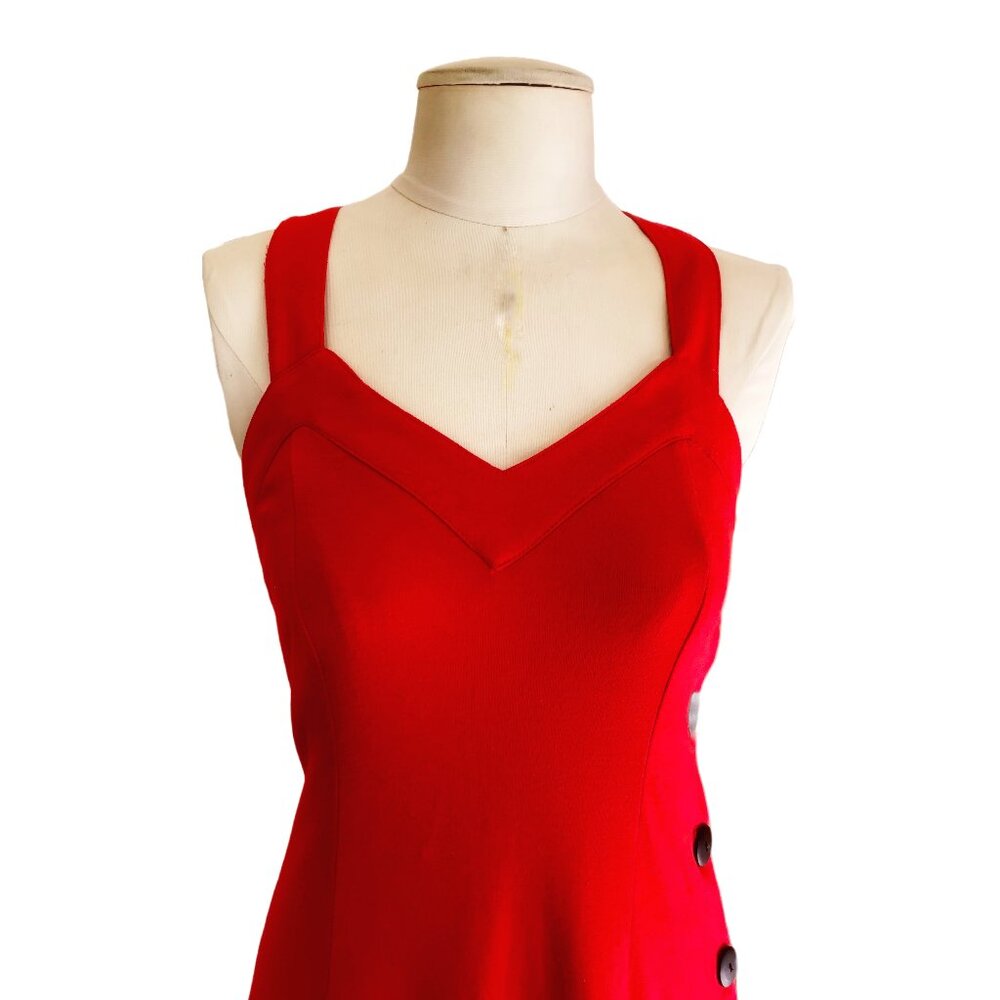 Vintage 80s Red Midi Dress Sweetheart Neckline Cross Back Retro Party Size Small - Picture 2 of 8